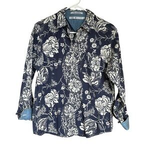 Tommy Hilfiger Women’s Roll Tab Blue White Floral Button Down 100% Cotton M
